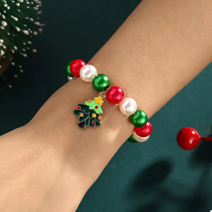5 Piece Christmas Synthetic Pearl Bracelet in Dark Green with 5-piece set
