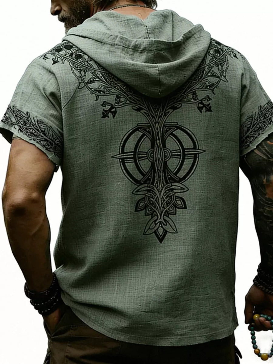 Black Men's Full Size Printed Hooded Short Sleeve Top