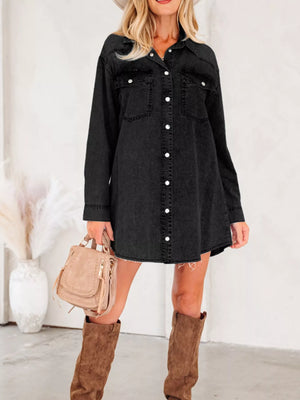 Black denim button-up dress with raw hem and chest pockets
