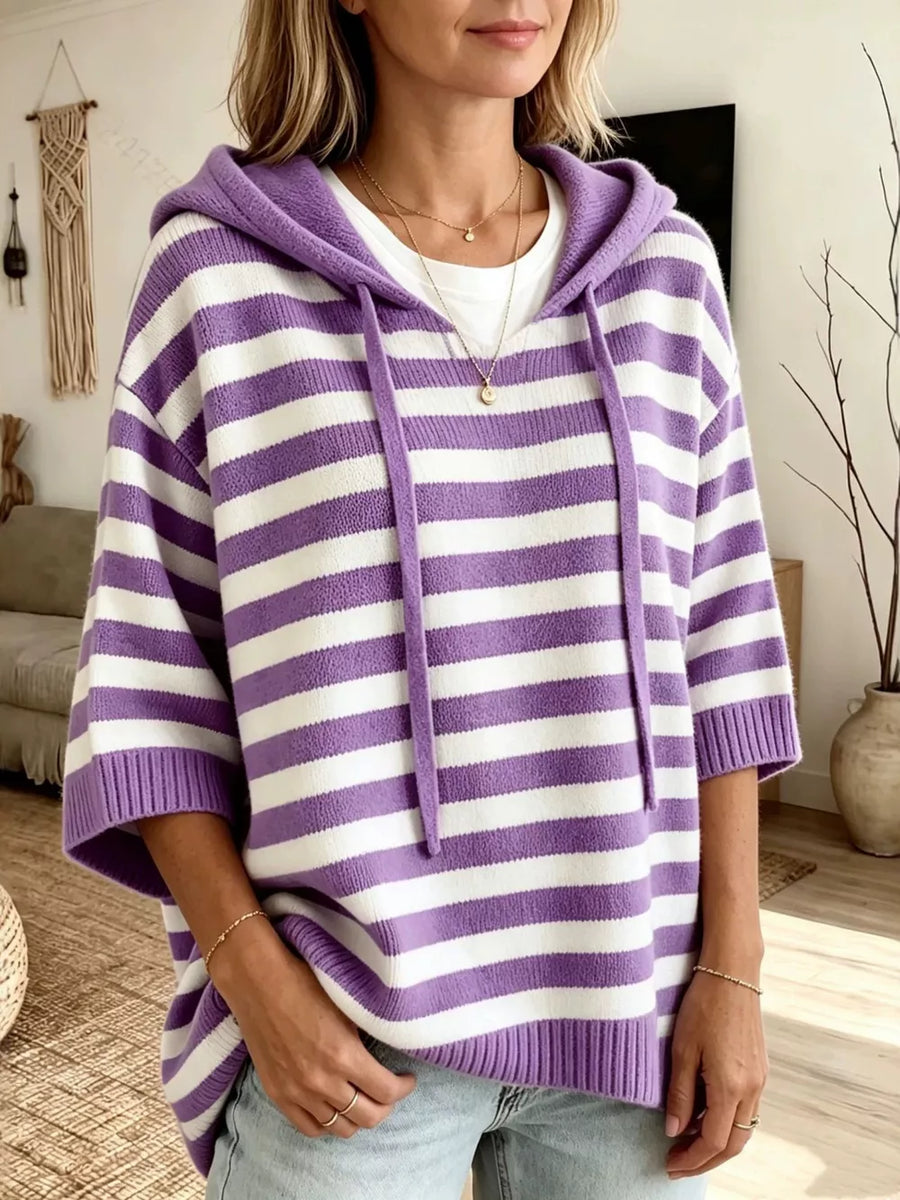 Purple Full Size Drawstring Striped Hooded Sweater