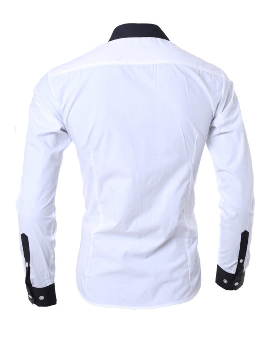 Men's white long sleeve slim fit shirt with black collar and cuffs