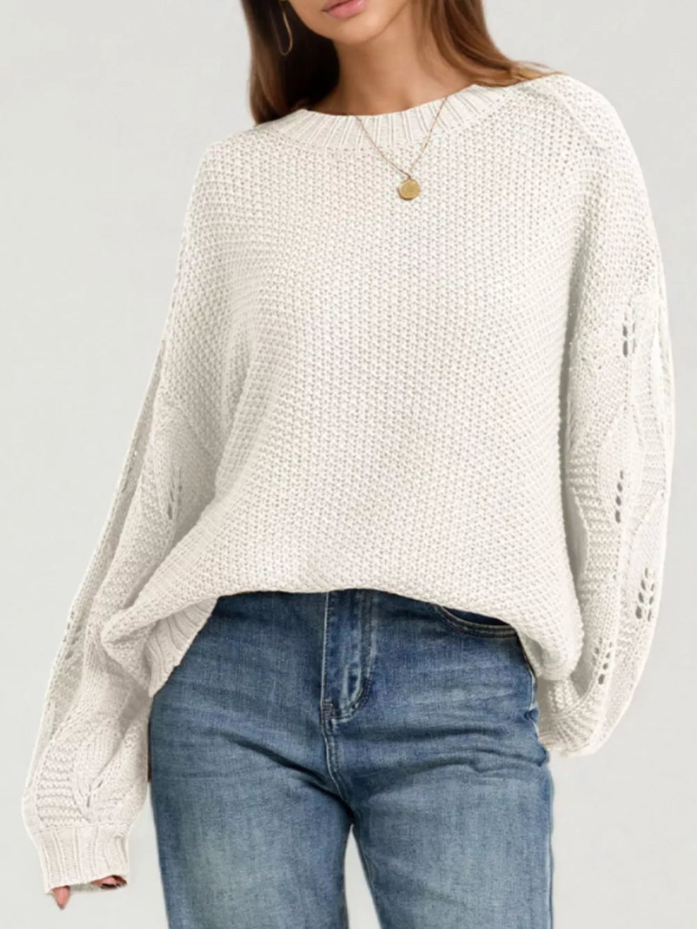 Khaki oversized pullover sweater with round neck