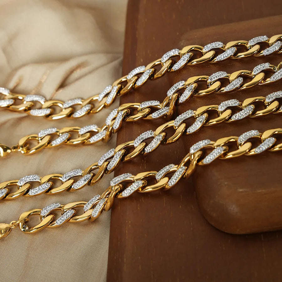 Gold curb chain necklace with zircon insets, 18K gold-plated, adjustable