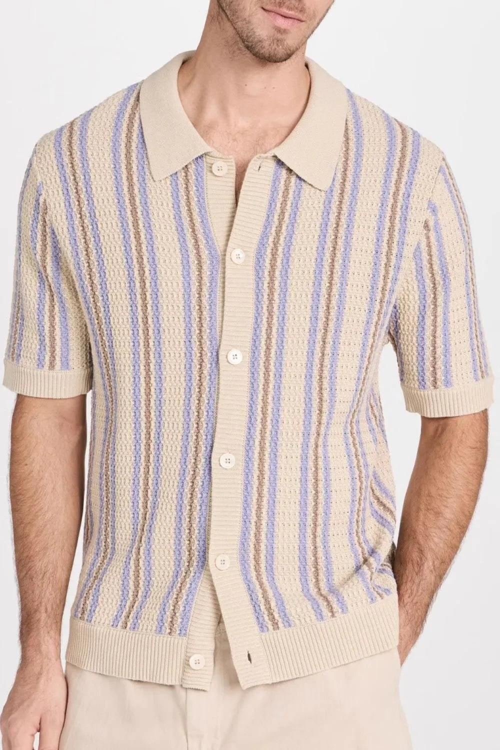 Textured knit polo shirt for big & tall men in tan with vertical stripes and button front.