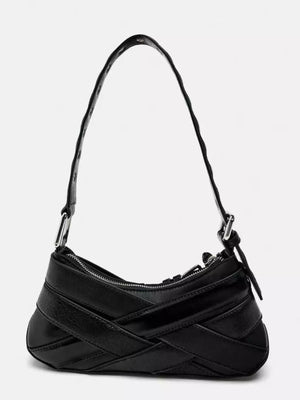 Black shoulder bag with woven strap detail and silver buckle accent