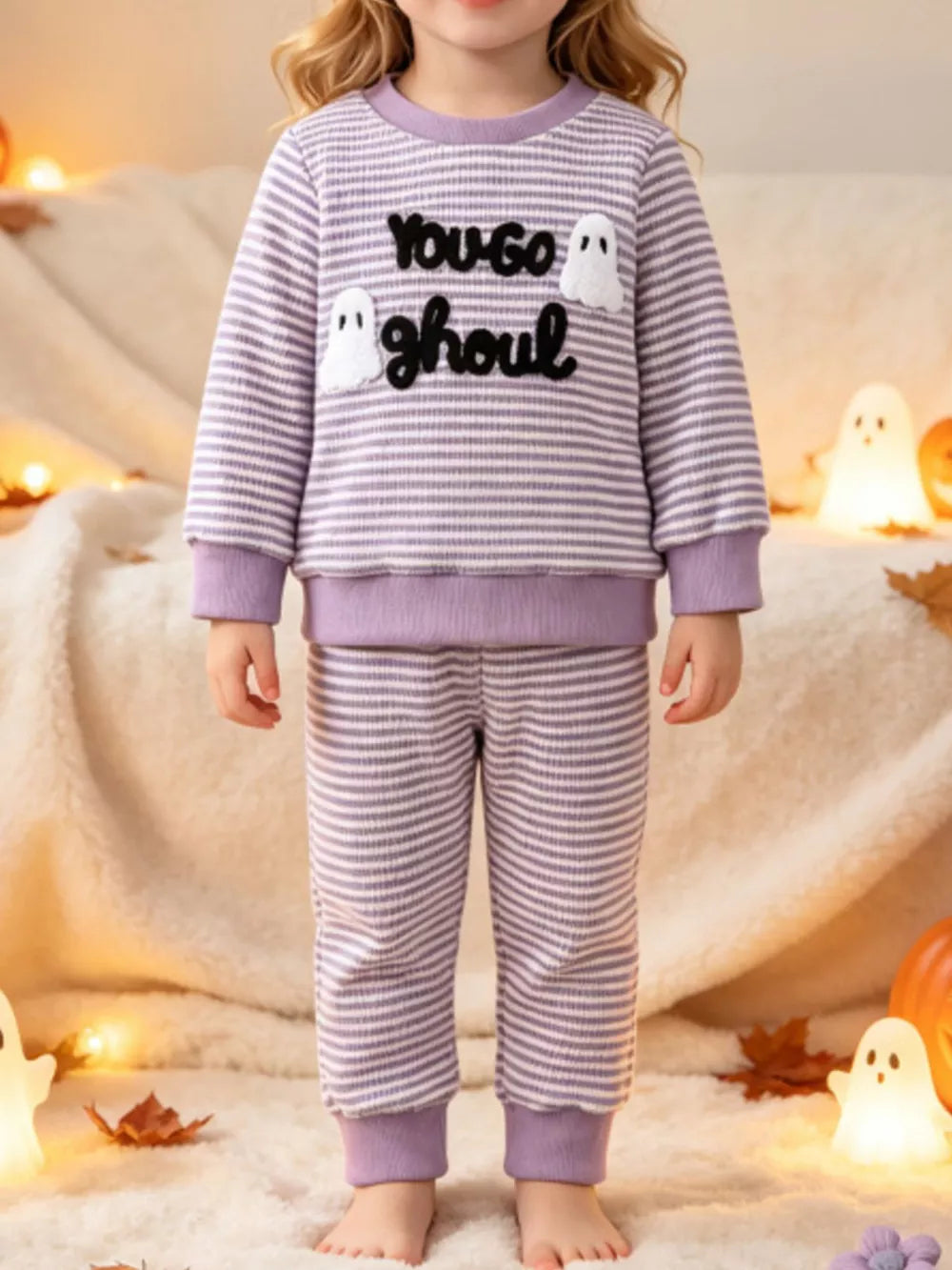 light purple pajama set with striped and crew neck