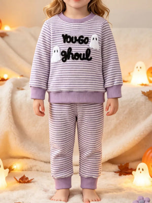 light purple pajama set with striped and crew neck