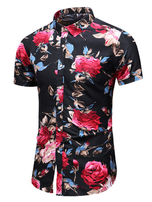 Men's black floral print short sleeve button-up shirt with red roses