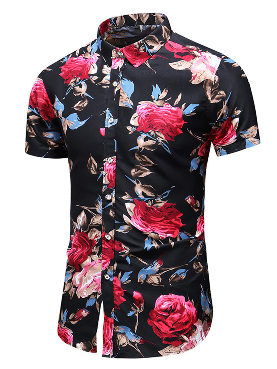 Men's black floral print short sleeve button-up shirt with red roses