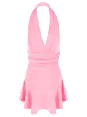 Pink halter plunging V-neck dress with ruffle hem and cinched waist detail.