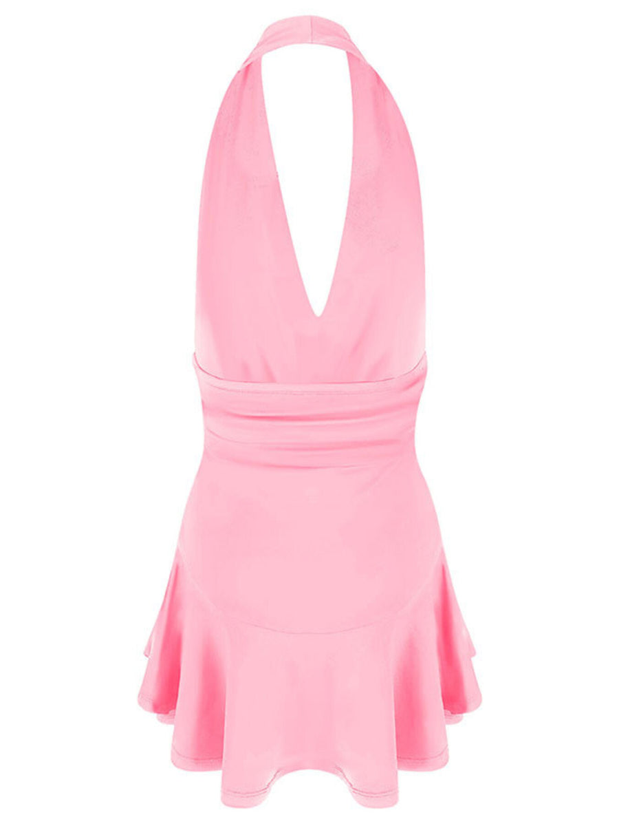 Pink halter plunging V-neck dress with ruffle hem and cinched waist detail.
