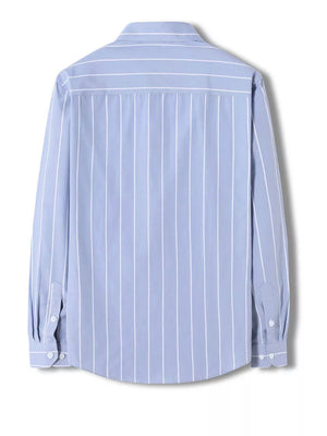 Blue striped long sleeve cotton blend button-down shirt with a classic collar.