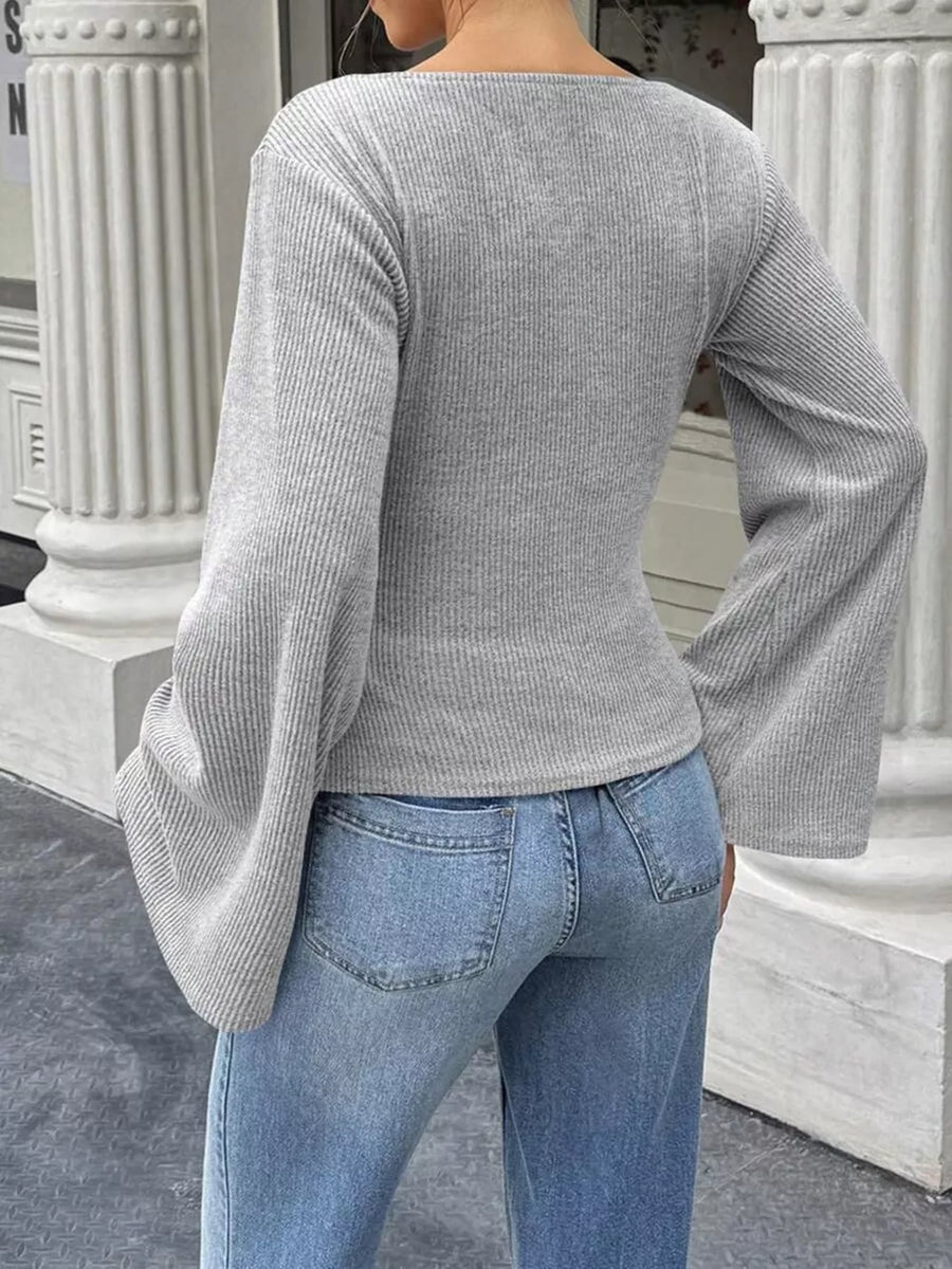 Black Ribbed Flare Sleeve Top With Ruched Detail