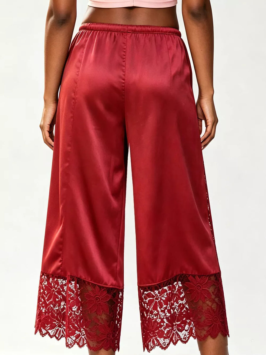 Red Lace Trim Wide-leg Cropped Pants