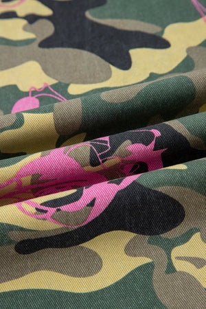Contrast patchwork floral and leopard print cotton jeans in green, yellow, black, and pink.