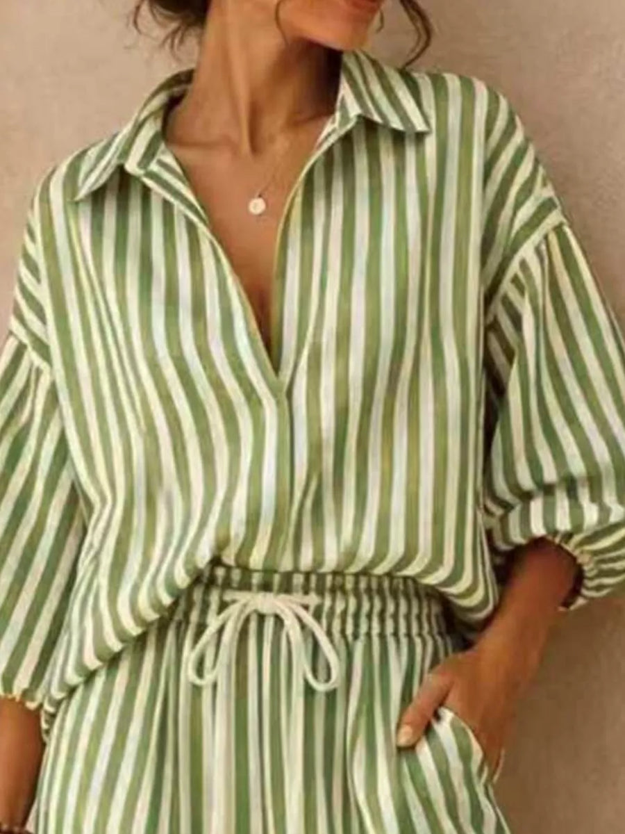 Striped Puff Sleeve Shirt And Wide-leg Pants Set in Khaki, view 14