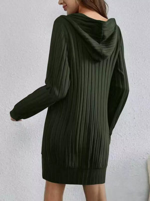 Women's ribbed knit hoodie dress in army green with long sleeves and a hood.