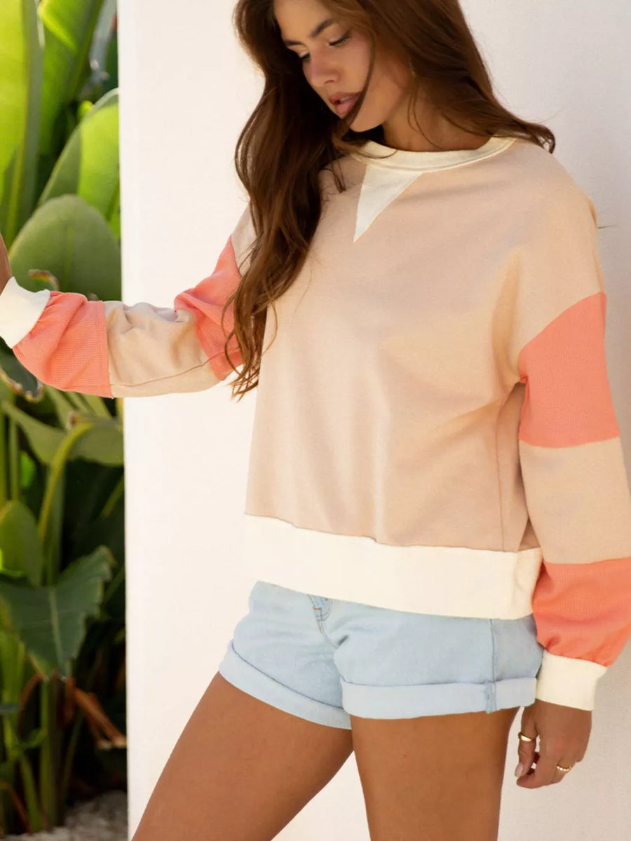 Color Block Textured Patchwork Pullover Sweatshirt option 5