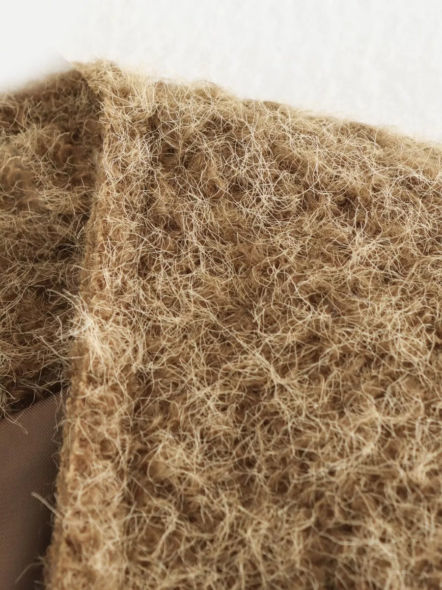 Textured knit tie-front coat in dark brown with a fuzzy, open-weave material.