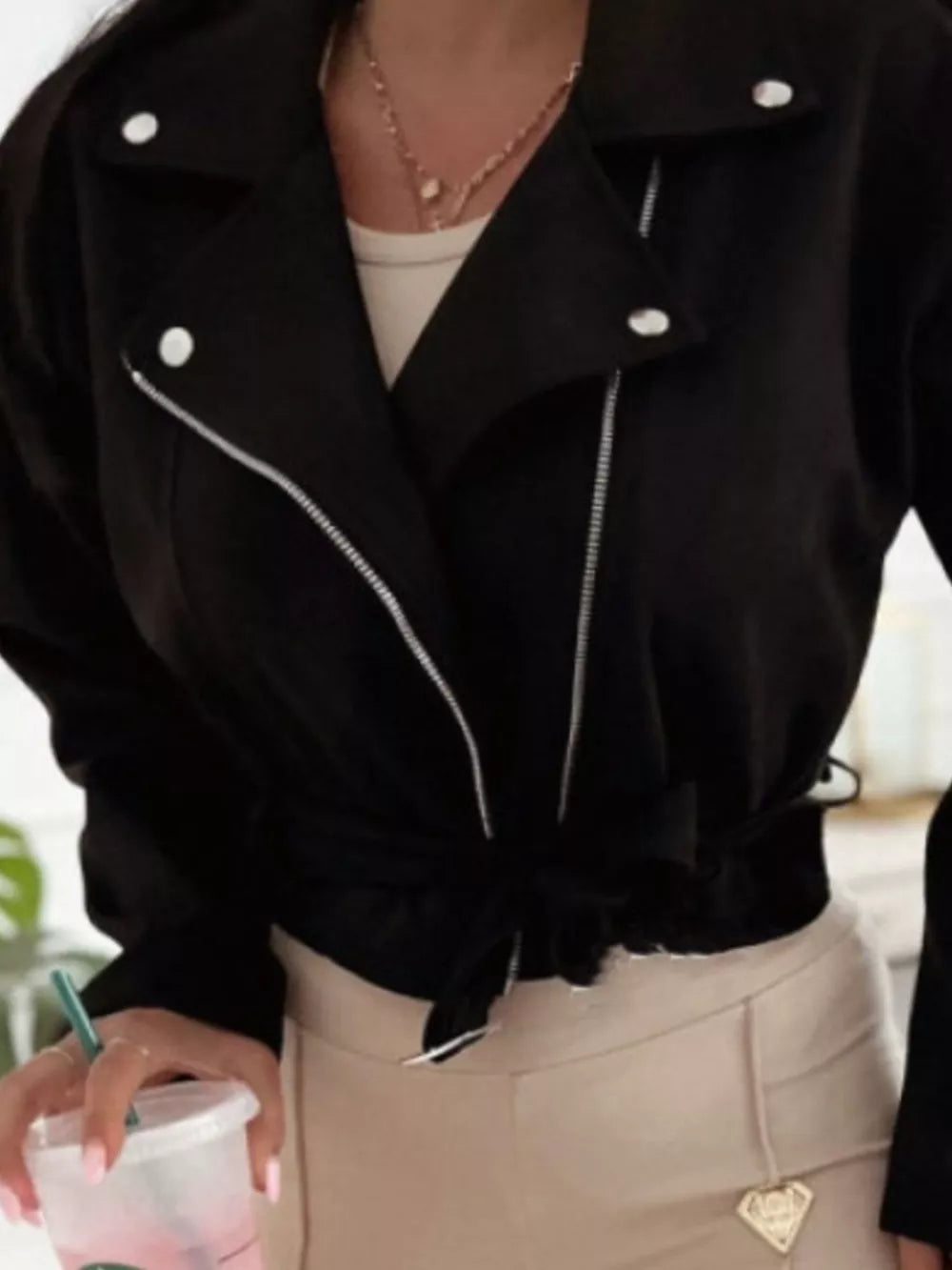 Burgundy Cropped Biker Jacket With Belt Detail