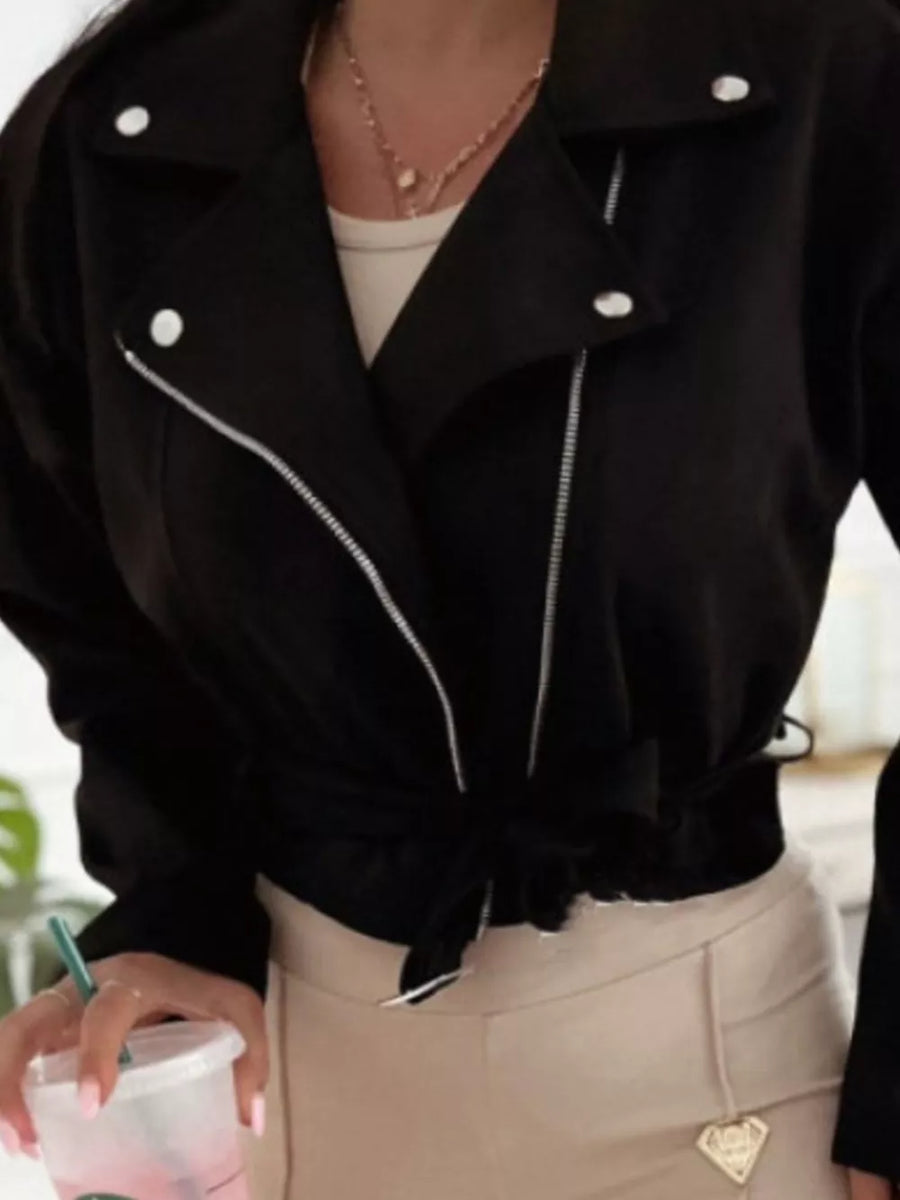 Burgundy Cropped Biker Jacket With Belt Detail