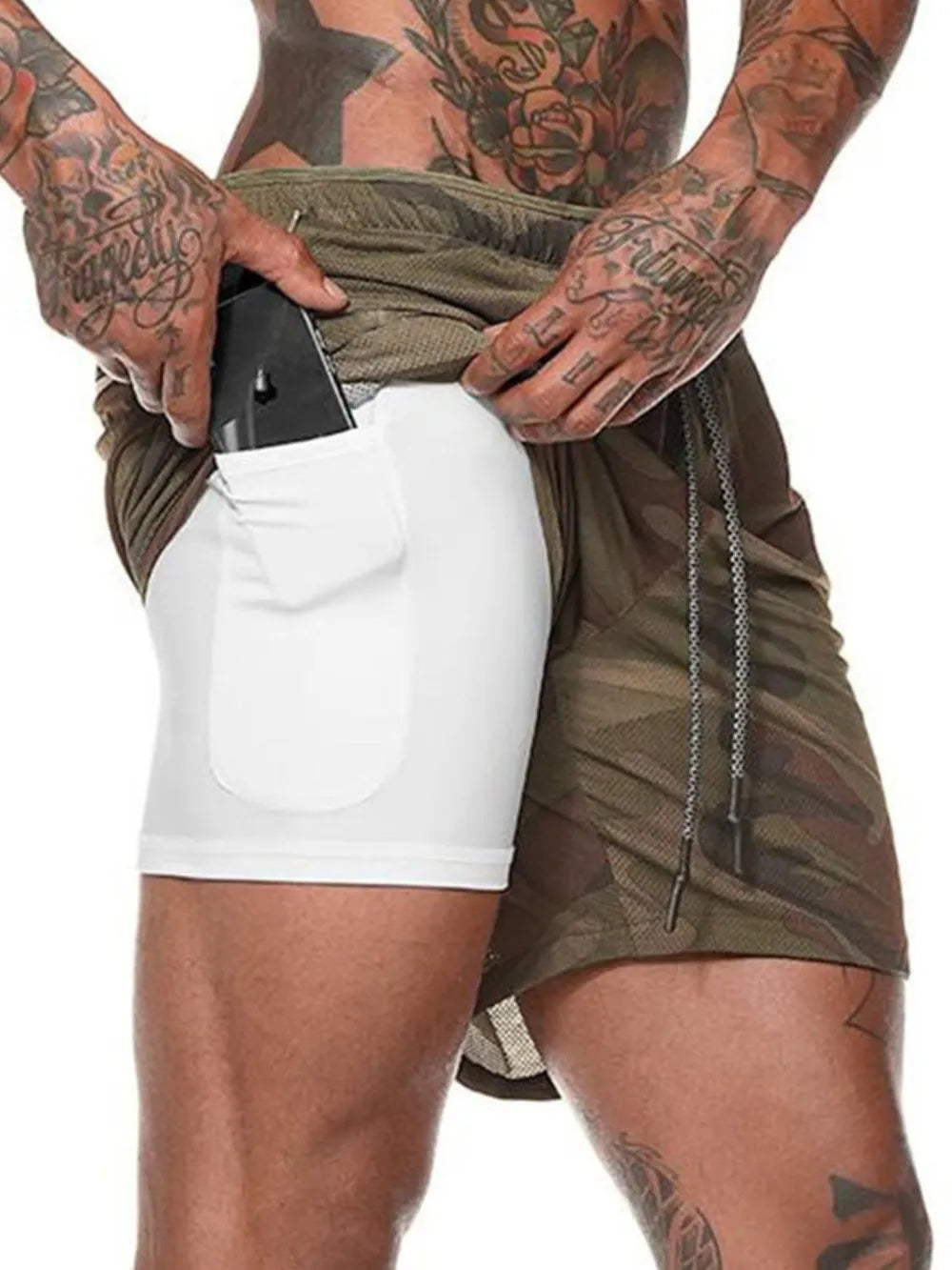 Dual-layer performance shorts in camouflage with white built-in compression shorts and phone pocket.