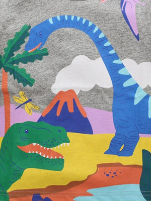 Toddler t-shirt in dark gray with a colorful dinosaur adventure print and crew neck.