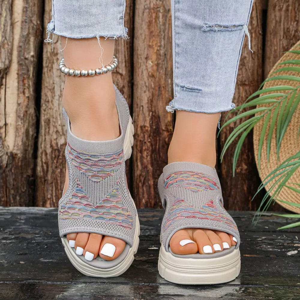 Gray knit open-toe platform sandals with colorful geometric pattern and chunky sole