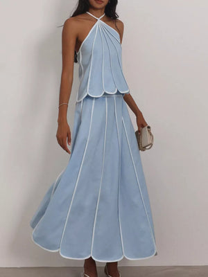 Light blue halter top and midi skirt set with white piping and scalloped hem