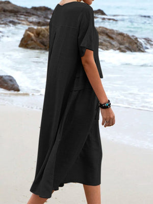 Full Size Casual Linen Blend Midi Dress in Black