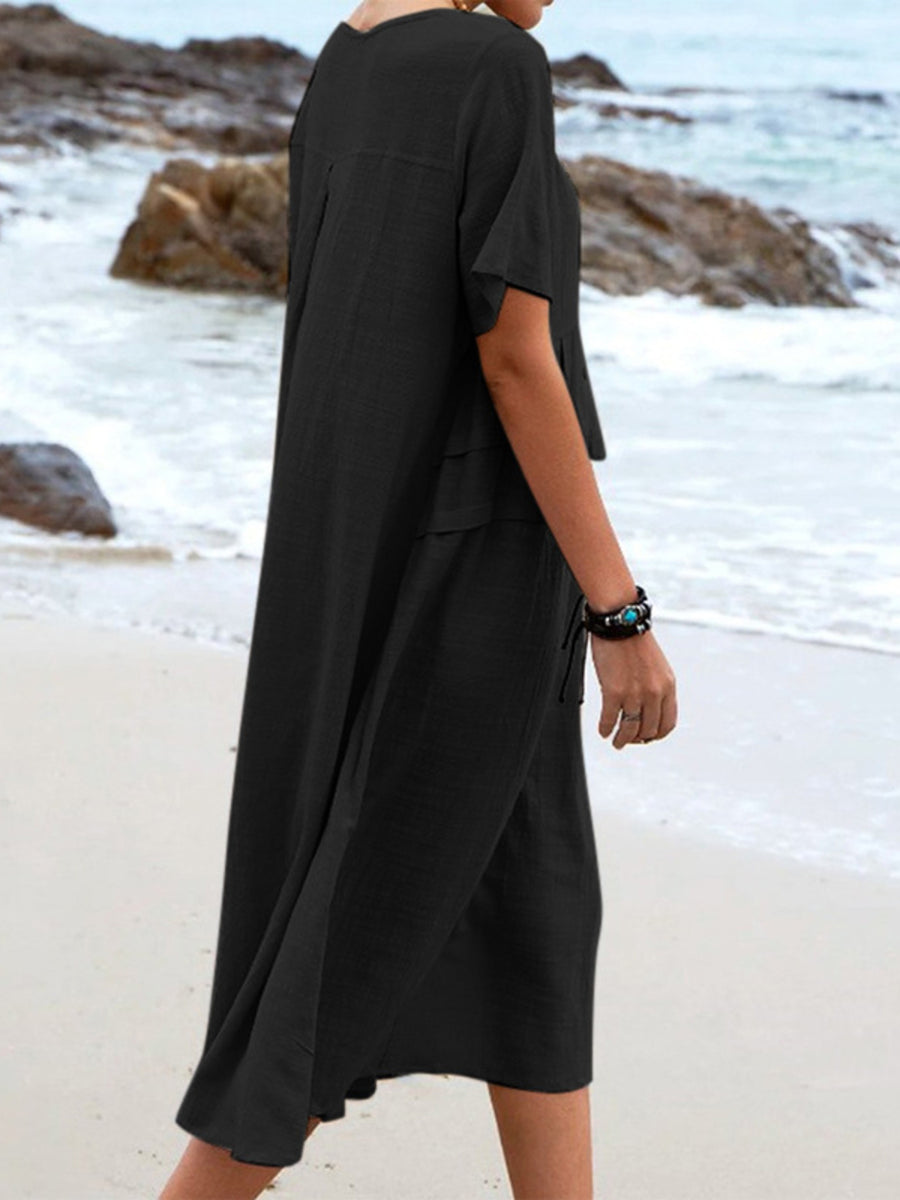 Full Size Casual Linen Blend Midi Dress in Black