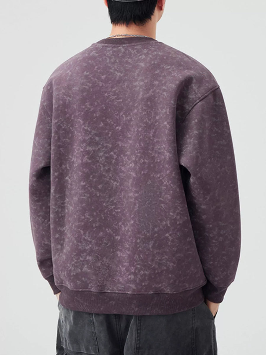 Men's plus-size purple tie-dye long-sleeve sweatshirt with crewneck and ribbed cuffs.