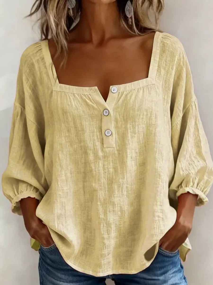 Full Size Square Neck Button Detail Blouse in Sky Blue