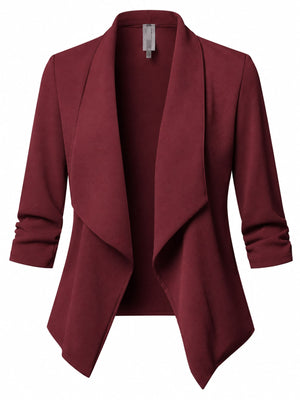 light gray blazer with hip-length and open-front