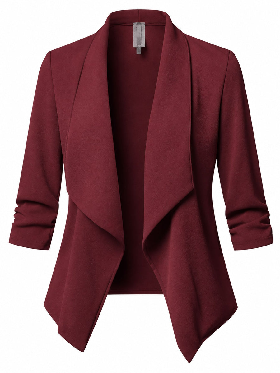 light gray blazer with hip-length and open-front