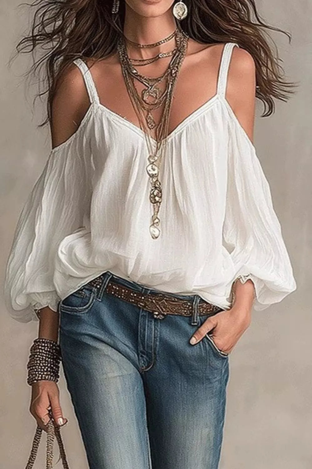 White Cold Shoulder Balloon Sleeve Blouse