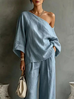 Khaki relaxed two-piece set with one-shoulder