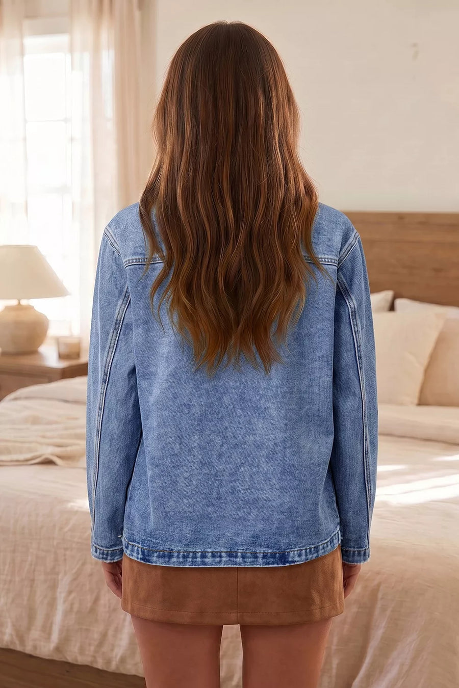 Patchwork Leather Collar Denim Jacket in Dusty Blue