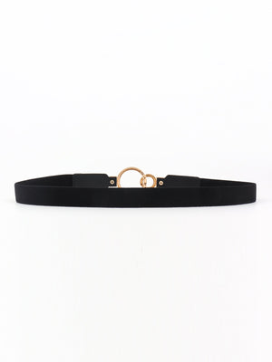 Black elastic belt with interlocked gold rings and buckle detail