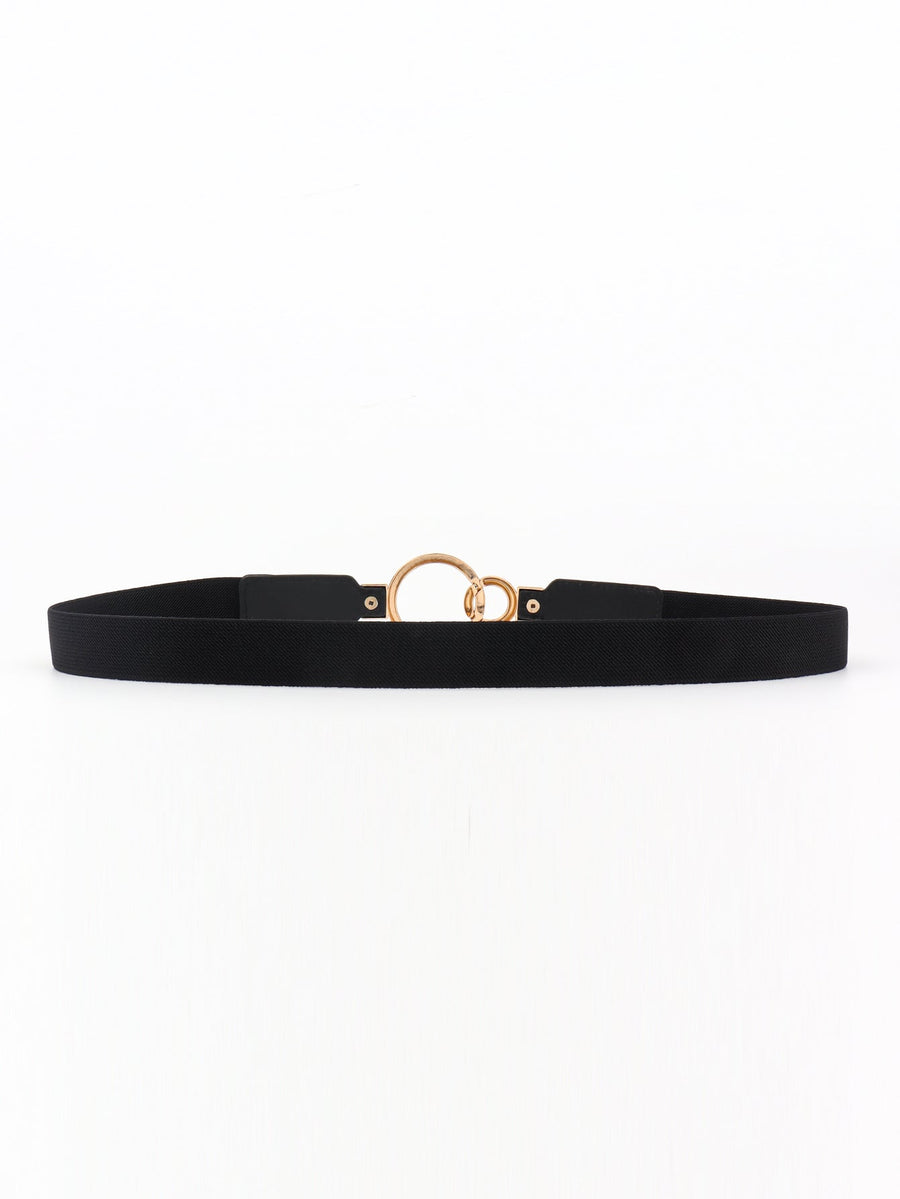 Black elastic belt with interlocked gold rings and buckle detail