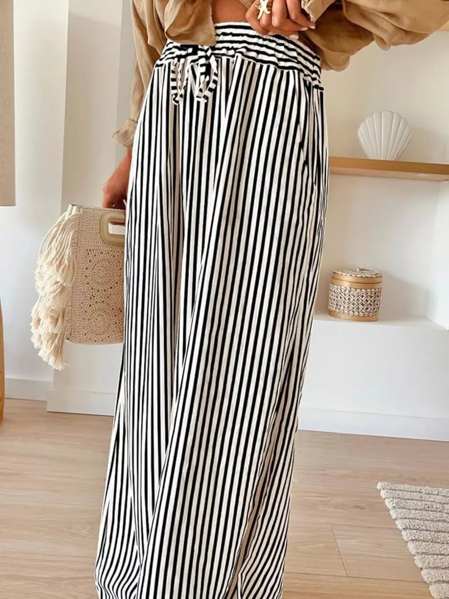 wide-leg pants in gray with drawstring waist and full-length