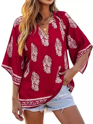 Red with Printed Notched 3/4 Sleeve Blouse