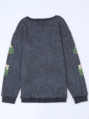 Dark gray ribbed baggy sweatshirt with sequin Christmas trees on sleeves.