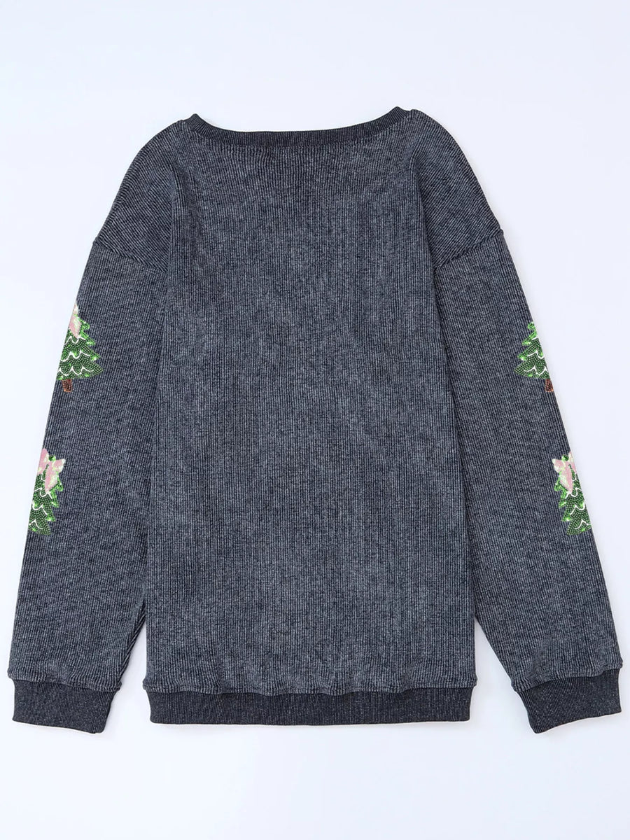 Dark gray ribbed baggy sweatshirt with sequin Christmas trees on sleeves.