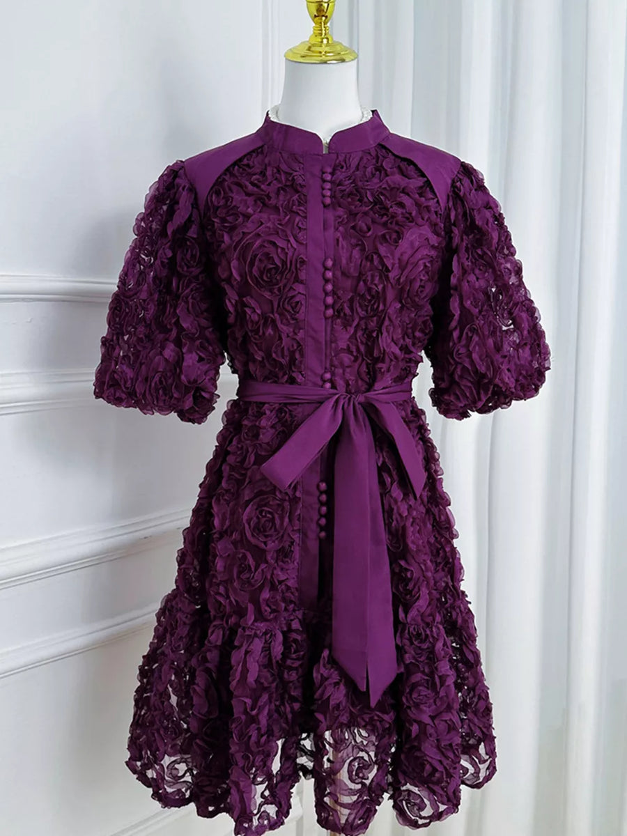 Purple floral puff sleeve dress with button-down front and tie waist