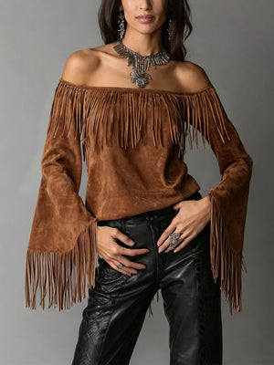 off-shoulder top in camel featuring fringe and relaxed fit