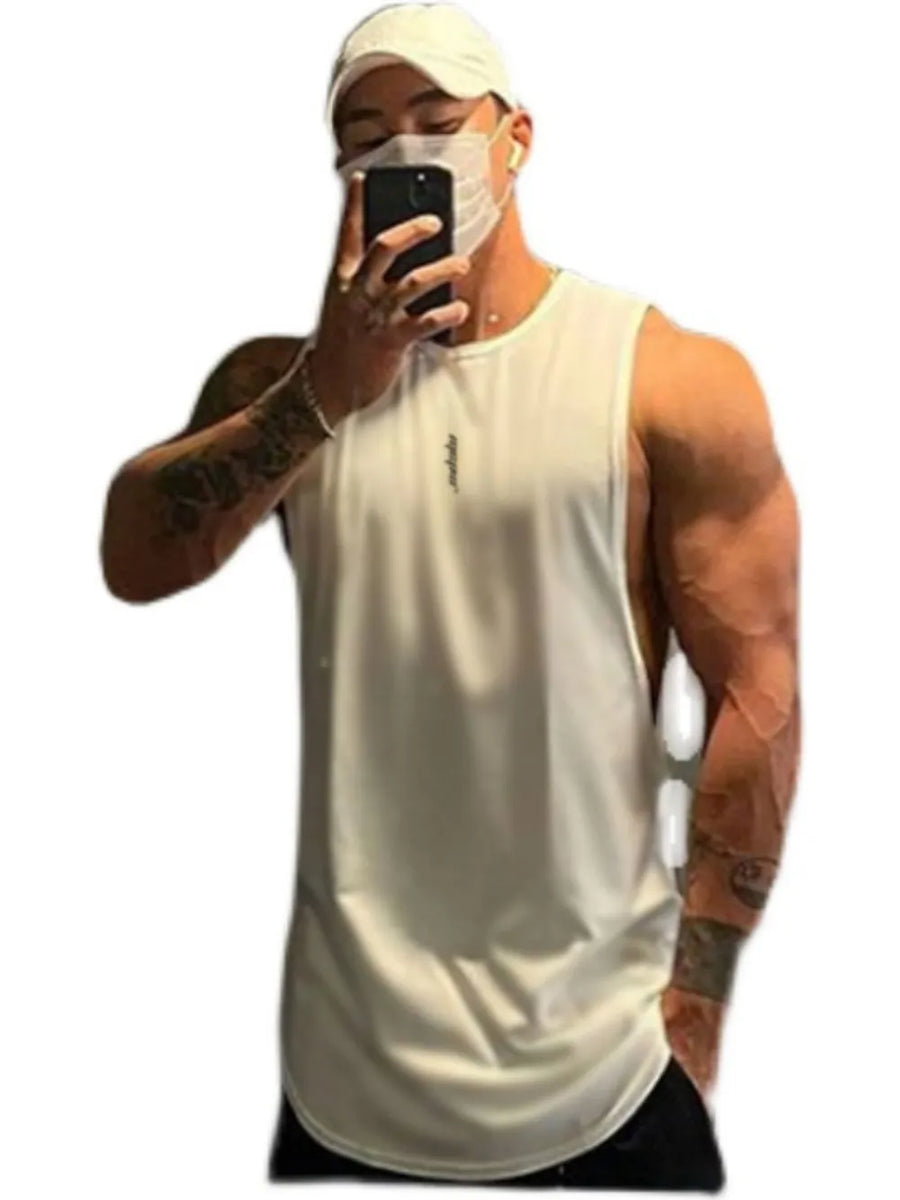 White performance cut tank top with subtle logo detail, sleeveless, round neck.