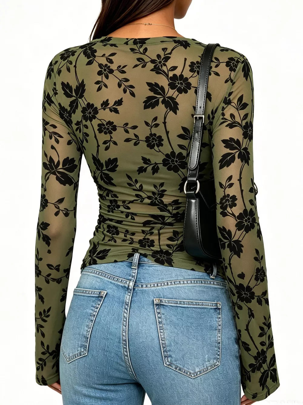 Slim Fit Floral Print Long Sleeve Top in tan