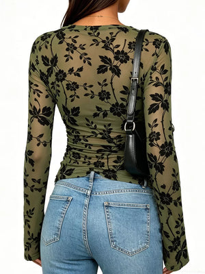 Slim Fit Floral Print Long Sleeve Top in tan