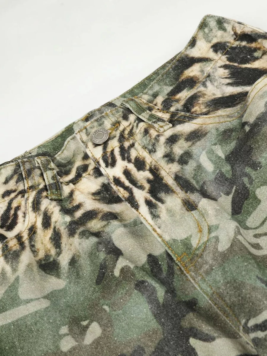 Maternity cargo capris with leopard and camouflage print, featuring a button closure and pockets.